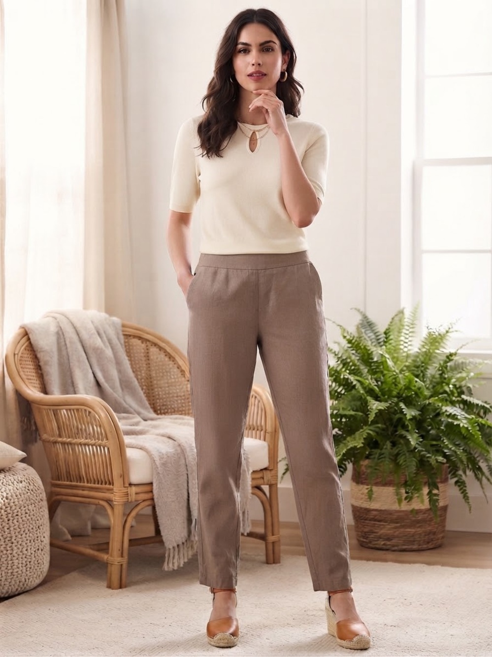 J. Jill Straight-Leg Drawstring Pants in Cream